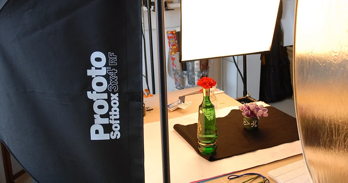 A photography lighting setup with softboxes and other lighting equipment